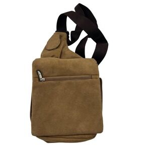 Travelon khaki faux Suede Crossbody Bag Multi-Pocket Sling Messenger